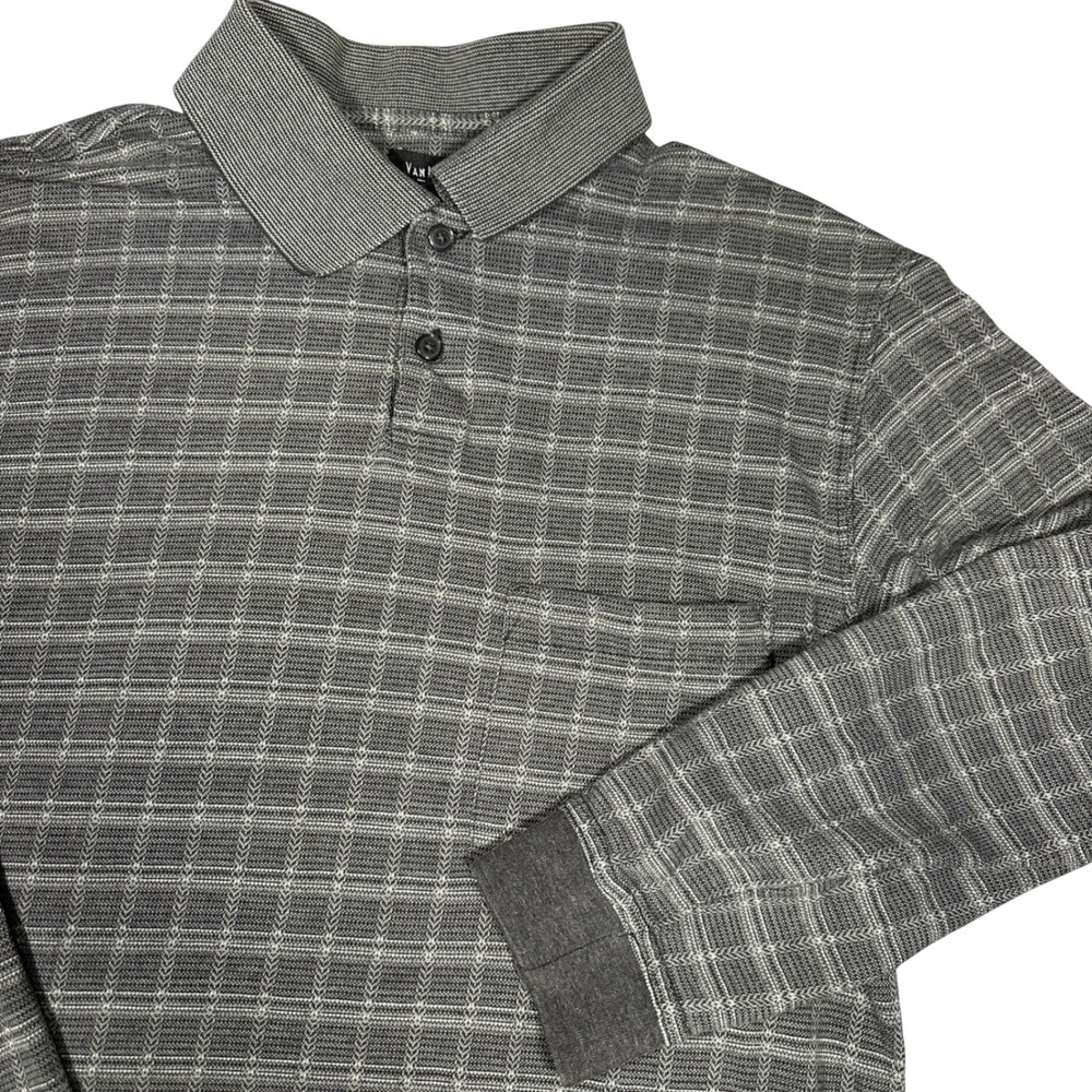Vtg Van Heusen Mens Grey Grid Pattern Long Sleeve Polo Shirt Small Pocket Knit